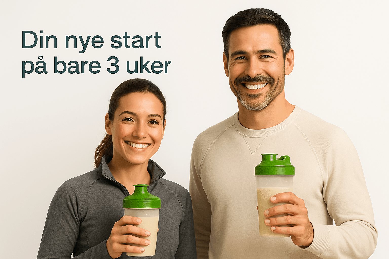 Kickstart 21 dager – par med shakerflasker og tekst «Din nye start på bare 3 uker»