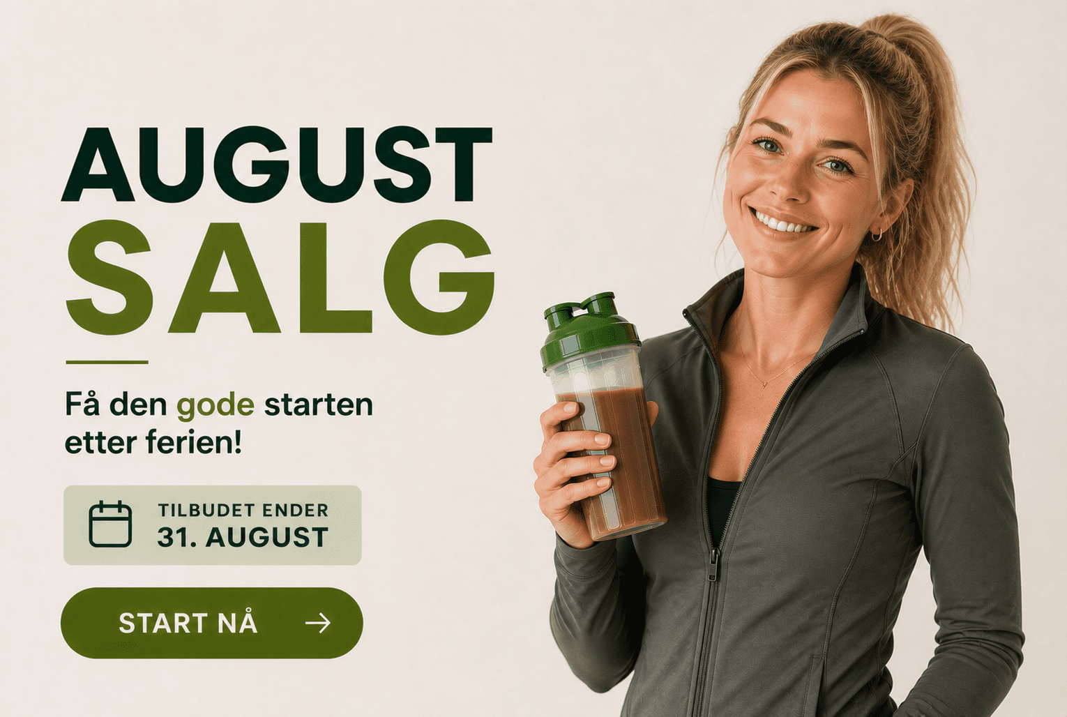 Smilende kvinne holder en shaker med sjokoladeshake under August-salget
