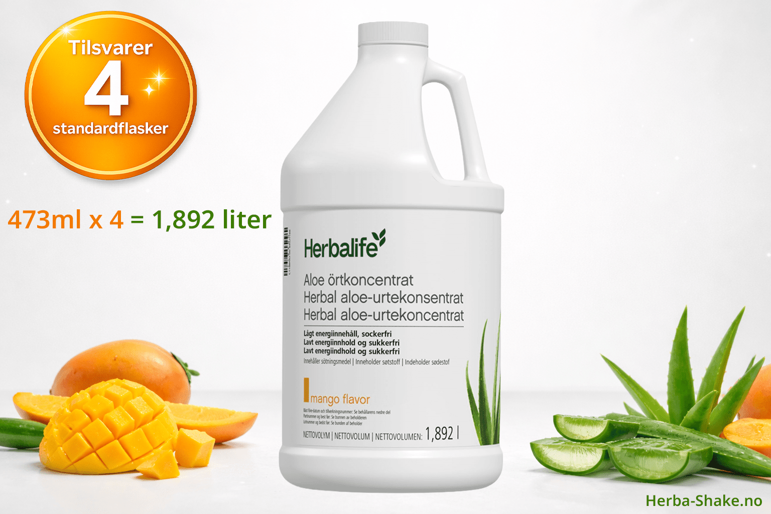 473 ml x 4 tilsvarer 1,892 liter Herbal Aloe Mango