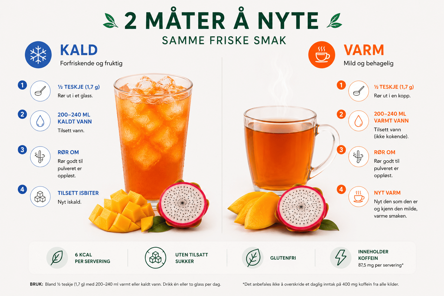 Infografikk som viser hvordan Instant Herbal Beverage Mango Dragon Fruit kan lages kald eller varm med ½ teskje og 200–240 ml vann.
