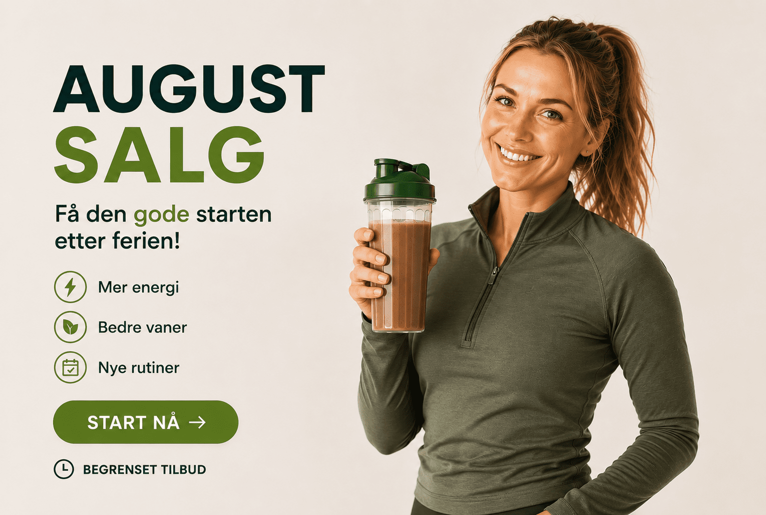 Smilende kvinne holder en shaker med sjokoladeshake under August-salget